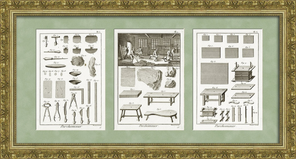 Изготовление пергамента. Антикварные гравюры, 1770-е гг. Изготовление пергамента. Антикварные гравюры, 1770-е гг.