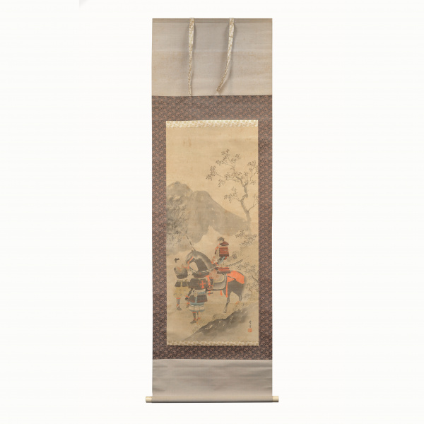 Самурай Минамото-но Ёсие на коне. Япония, живопись на шелке