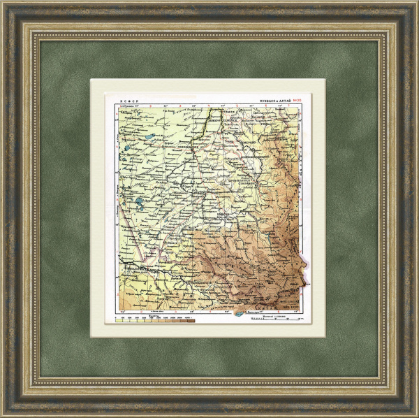 Западная Сибирь: Кузбасс и  Алтай, старинная карта в раме, 1936 г.