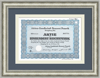 Пивоварня Понарт в Калининграде. Акция на 100 рейхсмарок 1942 года Пивоварня Понарт в Калининграде. Акция на 100 рейхсмарок 1942 года