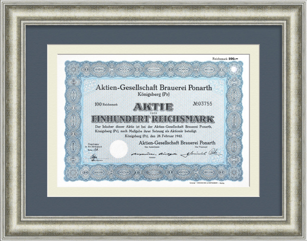 Пивоварня Понарт в Калининграде. Акция на 100 рейхсмарок 1942 года Пивоварня Понарт в Калининграде. Акция на 100 рейхсмарок 1942 года