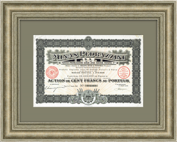 Добыча золота и серебра: акция Minas Pedrazzini на 100 франков, 1924 год Добыча золота и серебра: акция Minas Pedrazzini на 100 франков, 1924 год
