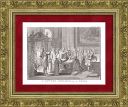 Крещение в католической церкви. Антикварная гравюра 18 века