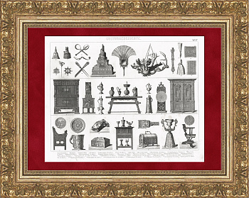 Интерьер Западной Европы, предметы быта знати. Старинная гравюра Интерьер Западной Европы, предметы быта знати. Старинная гравюра