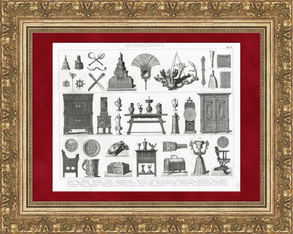 Интерьер Западной Европы, предметы быта знати. Старинная гравюра Интерьер Западной Европы, предметы быта знати. Старинная гравюра