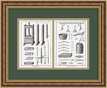 Изготовление пергамента и инструменты, в старинных гравюрах 18 века