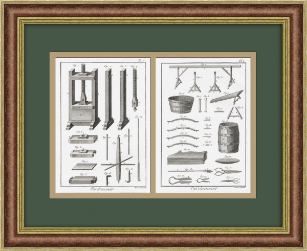 Изготовление пергамента и инструменты, в старинных гравюрах 18 века