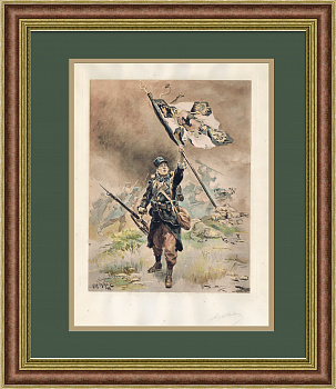 Первая мировая война, француз с трофейным флагом. Авторская литография