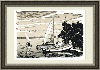 Снаряжают яхты. Линогравюра с подписью автора