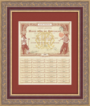 Добыча золота на Урале, акция 1897 года на 1 млн франков, полный купонный лист