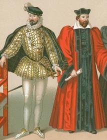 Европа XVI века: прически дам и кавалеров высшего общества, костюмы дворян. Антикварная хромолитография