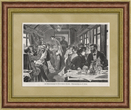 Железная дорога: вагон-ресторан, ксилография 1881 г.