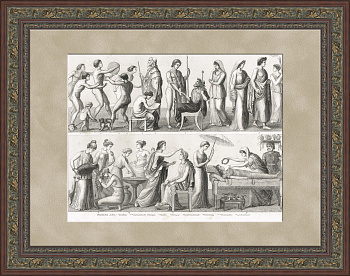 Жизнь в Древней Греции: костюмы и занятия. Старинная гравюра