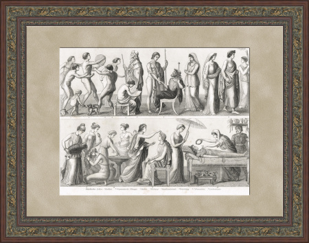 Жизнь в Древней Греции: костюмы и занятия. Старинная гравюра