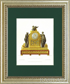 Каминные французские часы из золоченой бронзы. Старинная русская хромолитография в раме 60х50 см, конец 19 в.