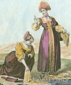 Русские крестьяне, мужской и женский костюм. Антикварная гравюра 19 века