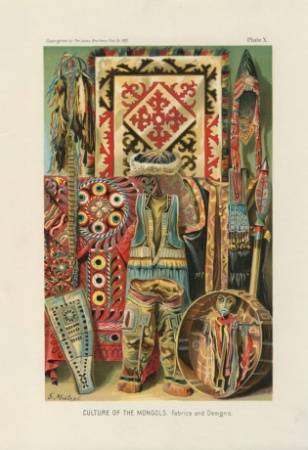 пара хромолитографий "одежда, оружие и быт монголов и американских индейцев"