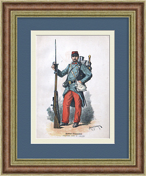 Армия Франции 19 века, пехотинец. Старинная гравюра.