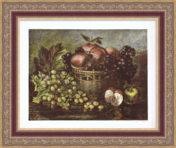 Натюрморт с фруктами. Авторская линогравюра с подписью Натюрморт с фруктами. Авторская линогравюра с подписью