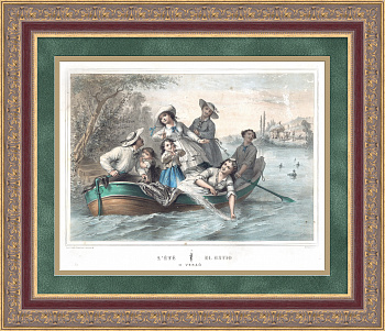 Гравюра "Лето". Галантная прогулка на лодке