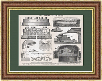 Береговые укрепления. Антикварная литография в раме