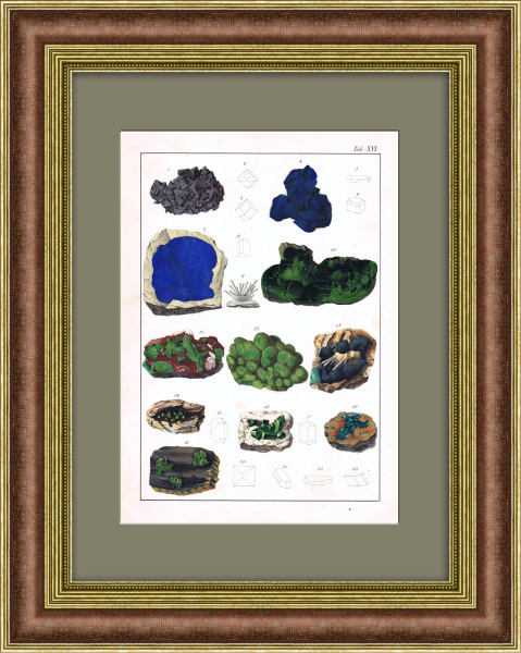 Малахит, азурит, пирит и другие. Редкая гравюра 19 века с ручной раскраской