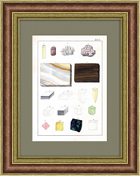 Апатит, магний, марганец, гипс. Редкая гравюра 19 века с ручной раскраской