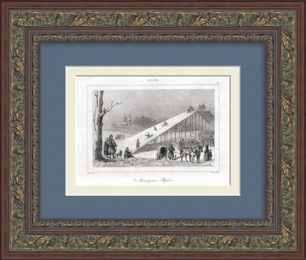 Русские зимние забавы, катание с горки. Старинная гравюра 19 века Русские зимние забавы, катание с горки. Старинная гравюра 19 века