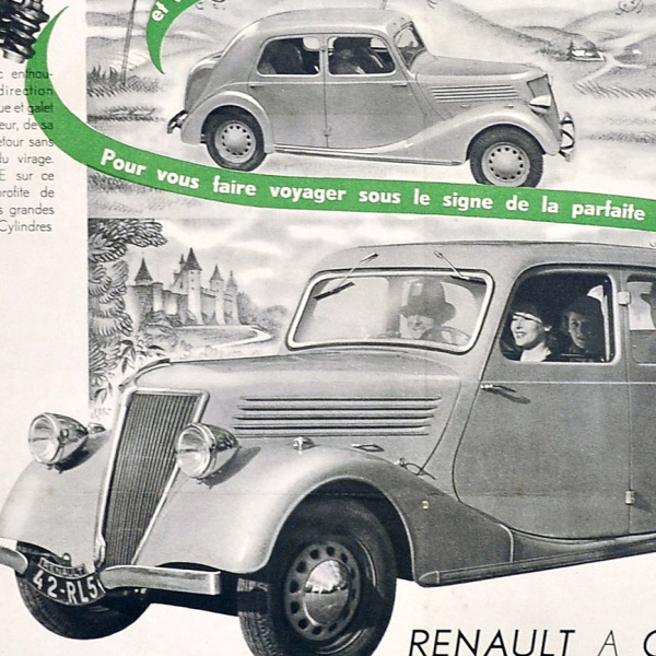автомобиль рено 1937 года, старинный рекламный плакат
