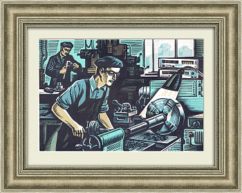 Токарь за работой. Советская линогравюра в раме