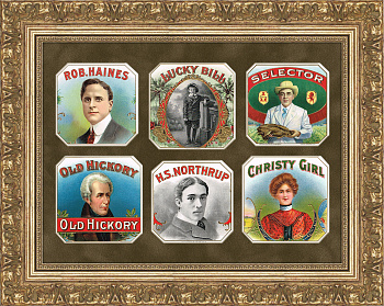 Старинные этикетки-вкладыши американских сигар, панно в раме Старинные этикетки-вкладыши американских сигар, панно в раме