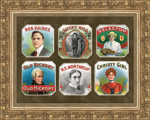 Старинные этикетки-вкладыши американских сигар, панно в раме Старинные этикетки-вкладыши американских сигар, панно в раме