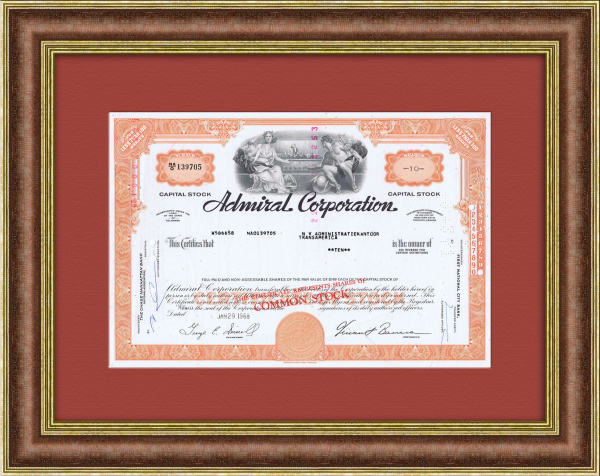 Компания Admiral International Enterprises  (телевизоры и радио). Сертификат на 10 акций к, 1968 г.