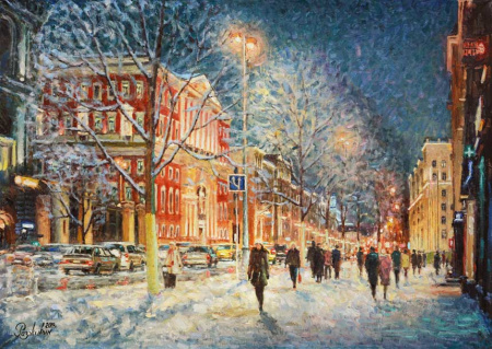 Как блещет снег в сиянье фонарей. Тверская улица (у мэрии). Авторская живопись 