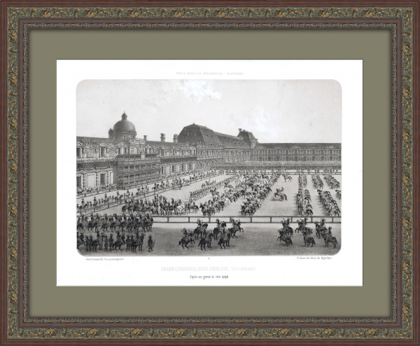 Конный парад на пл.Каррузель в Париже. Большая старинная литография Конный парад на пл.Каррузель в Париже. Большая старинная литография