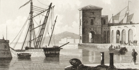 морское дело: корабли в гавани. гравюра на стали