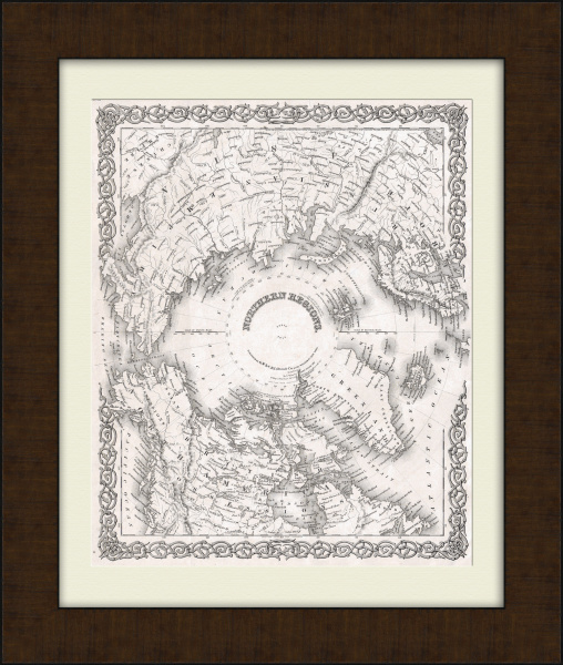 Северный полюс и прилегающие территории. Старинная карта 1855 года Северный полюс и прилегающие территории. Старинная карта 1855 года