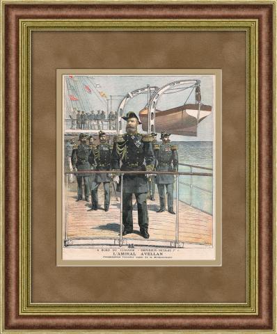 Русский адмирал Фёдор Авелан на борту броненосца "Император Николай I". Антикварная литография