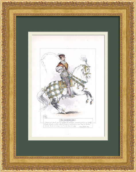 Чезаре Фьяско - основатель школы верховой езды Возрождения. Старинная гравюра 29 века