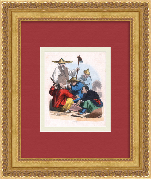 Игра в кости - си-ло. Китай 19 века. Старинная гравюра