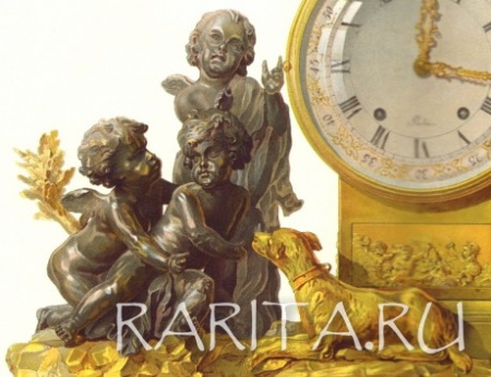богиня охоты диана и путти, каминные французские часы. старинная русская хромолитография в раме, конец 19 в.