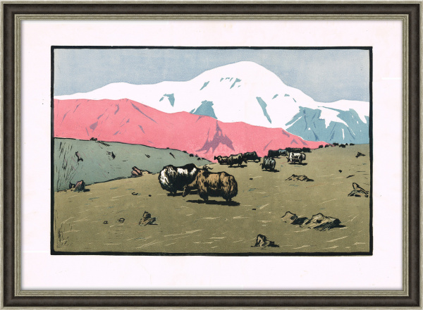 Пастбище в горах. Цветная линогравюра Пастбище в горах. Цветная линогравюра