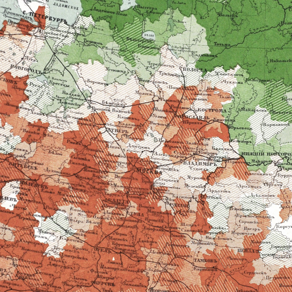 площадь казенных лесов в уездах европейской россии относительно численности населения. старинная карта