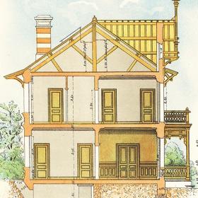 Старинная хромолитография с проектом частного жилого дома, архитектурные элементы и план мансарды, 1890-е гг.