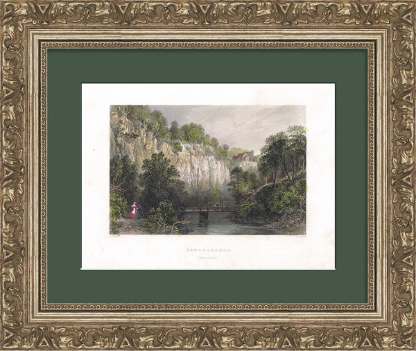 Шотландия, вид на замок Хоторнден. Антикварная гравюра 19 века