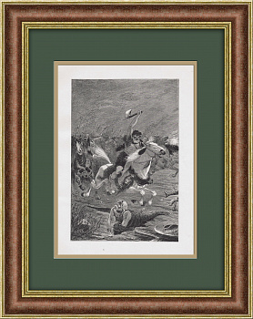 Гунн в бою верхом на лошади. Старинная литография в раме