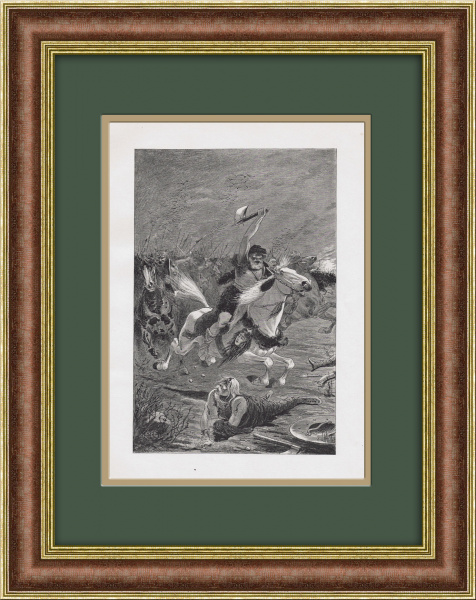 Гунн в бою верхом на лошади. Старинная литография в раме