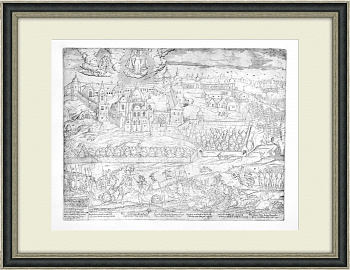 Почаевская лавра, освобождение от турецкой осады в 1675 году. Антикварный большой офорт Почаевская лавра, освобождение от турецкой осады в 1675 году. Антикварный большой офорт