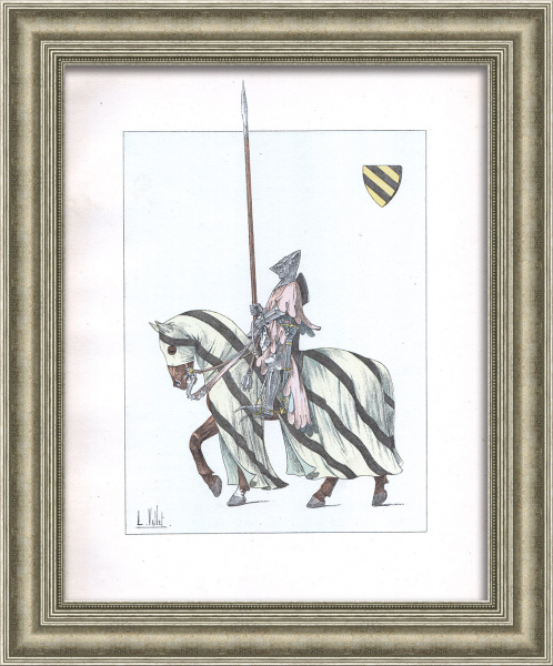 Французский конный рыцарь 14 века в полном военном обмундировании. Старинная гравюра 19 века