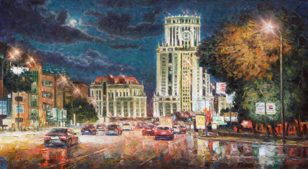 Ночная романтика дорог. Москва, Садовое кольцо. Картина И. Ражвизина, живопись